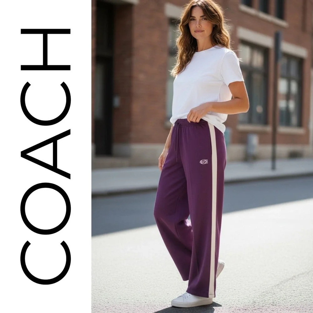 Coach NWT Sporty Wide Leg Cotton Track Pants Beet Purple Terrycloth Logo Women M